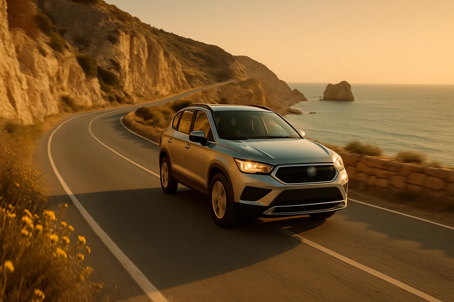 רכב SUV כסוף נוסע על כביש חופי בקפריסין מול הים והרים בשעת זהב